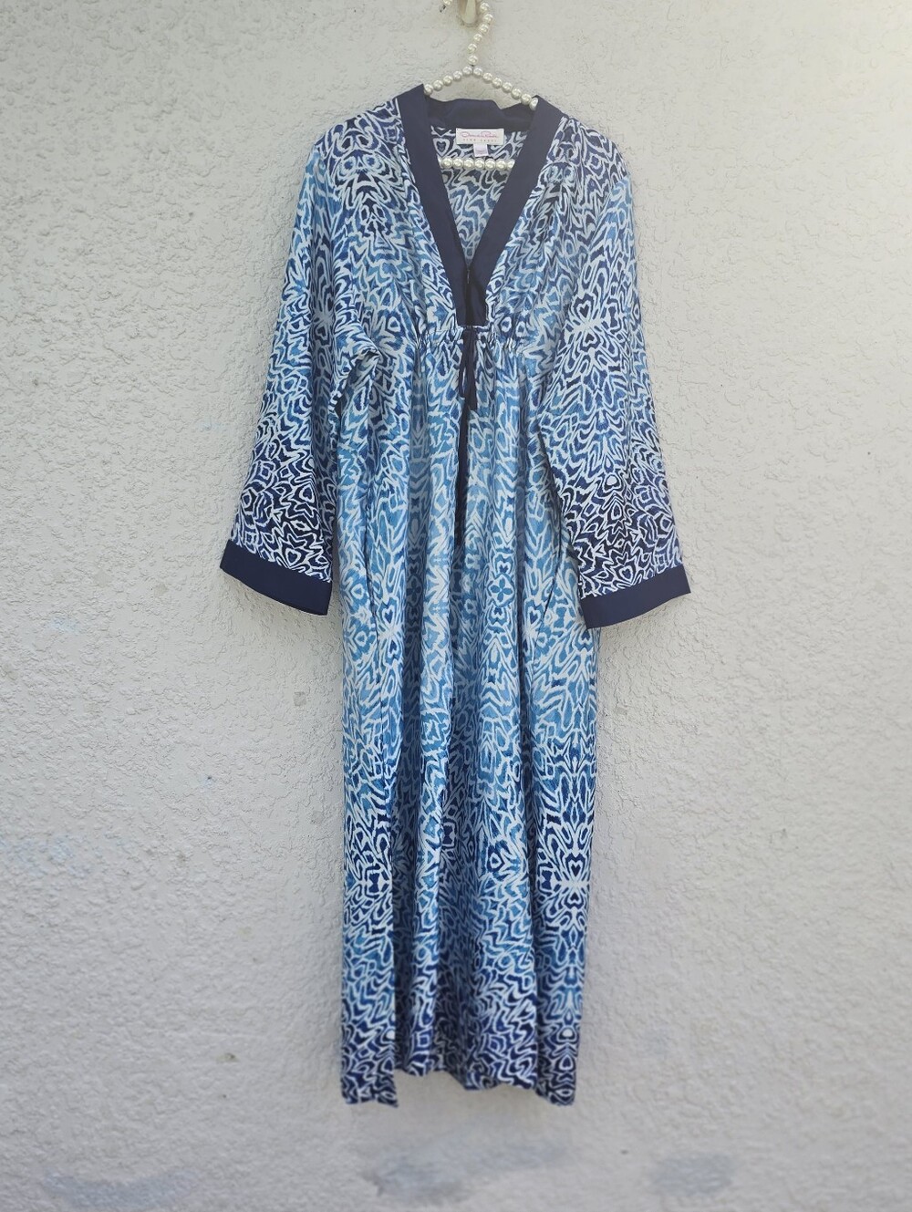 Vintage Oscar de la Renta Pink Label Blue Abstract Kaftan Maxi Robe L